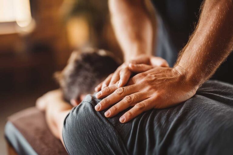 Clinician assessing a patient’s back posture while the patient stands in a bright examination room.